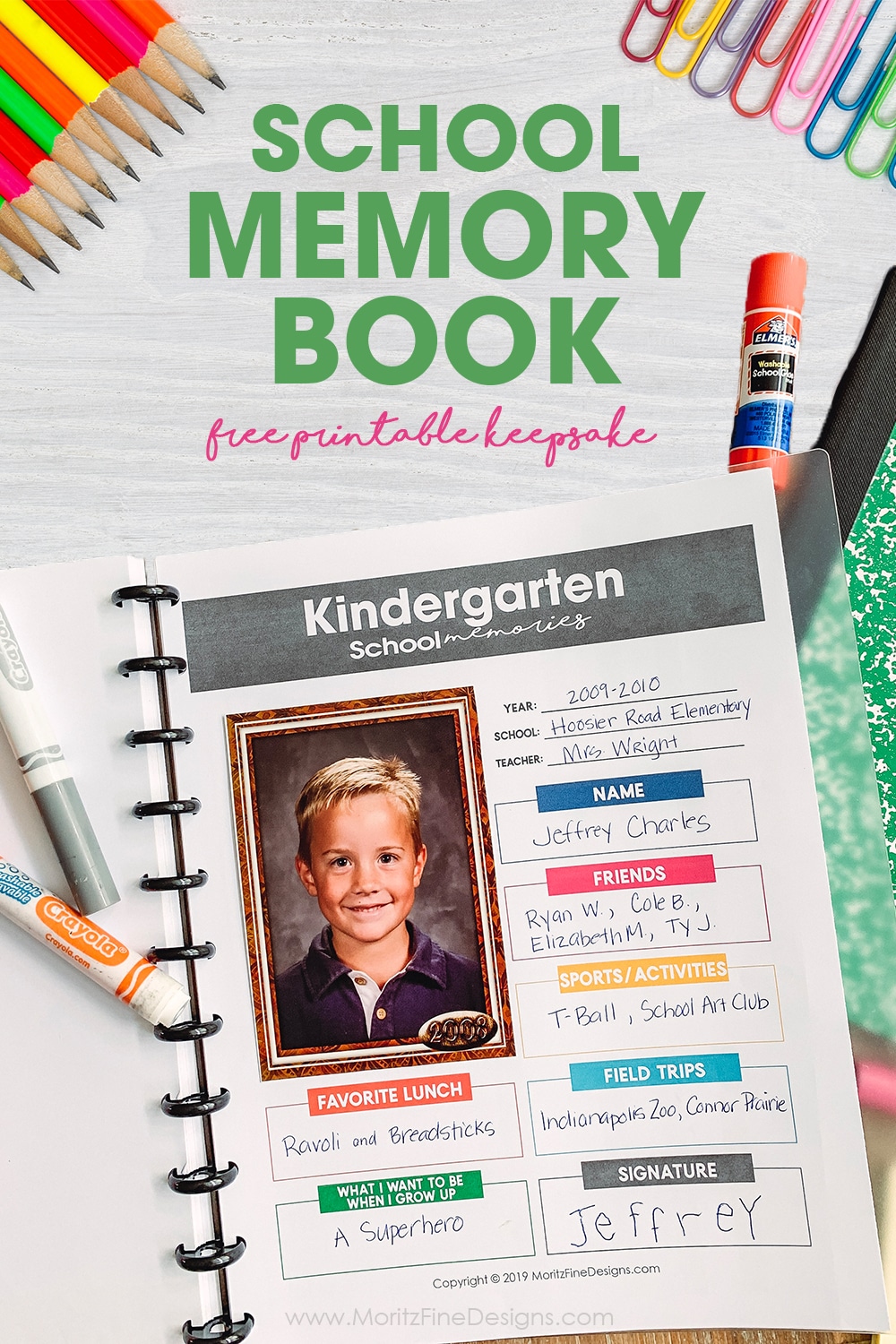 Keep track of your kid's favorite things about each school year with this free printable School Memory Binder for grades Pre-School through Grade 12.