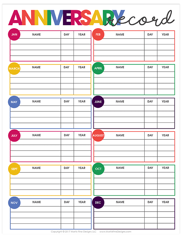 Never forget another anniversary again. Use the free printable Anniversary Date Tracker to compile a complete list of your family & friend's anniversaries.