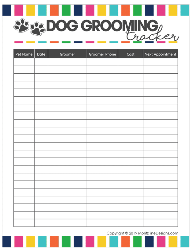 Keep track of your dog's visits and upcoming appointments to the groomer by using the free printable Dog Grooming Tracker.