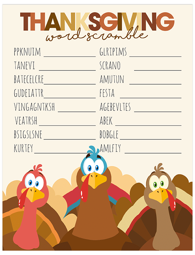 Thanksgiving fun at home or school! Kids will have a blast trying to unscramble the words in this free printable Thanksgiving Word Scramble!