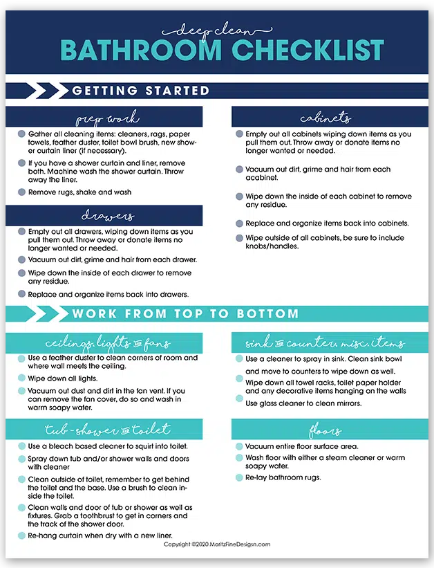 Use this free printable Deep Clean Bathroom Checklist to get your bathroom in tip top shape. Follow the guide to get your bathroom clean in no time.
