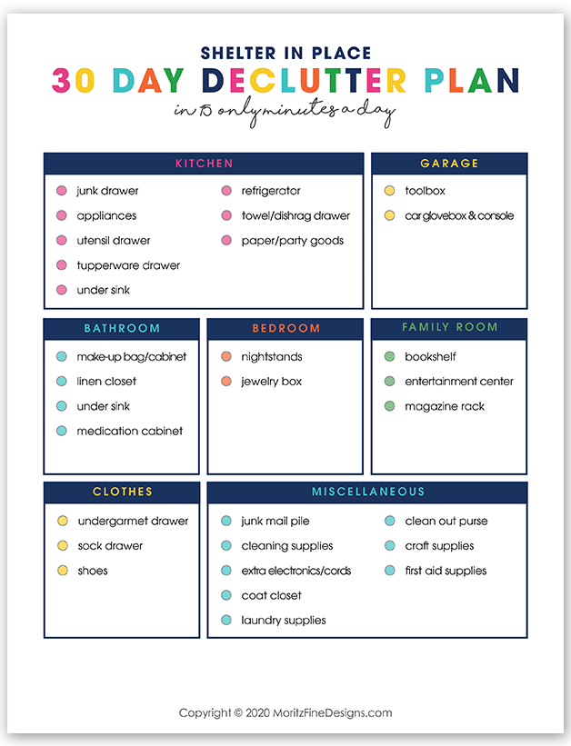 Don't have time to do a deep clean? Tackle the clutter in your house I less than 15 minute a day with the 30-Day Declutter Checklist free printable.