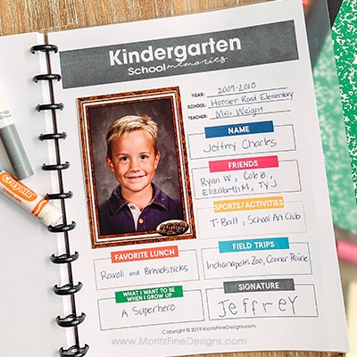 Keep track of your kid's favorite things about each school year with this free printable School Memory Binder for grades Pre-School through Grade 12.