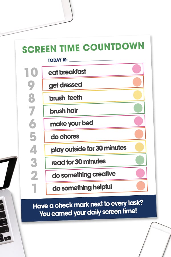 The Screen Time Countdown free printable has kids go through a checklist of 10 items that must be done before they can use electronics.