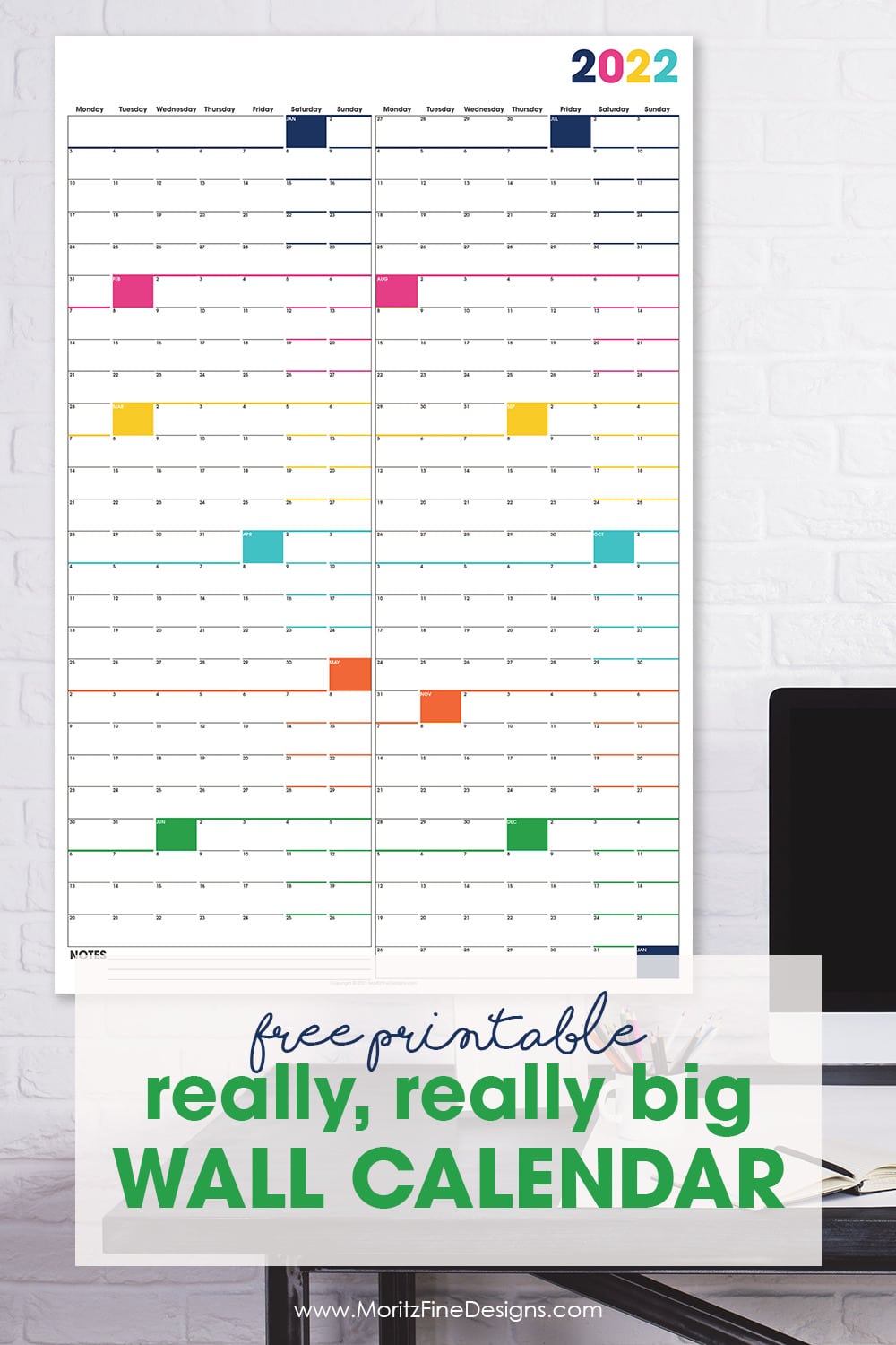 It's easy to see your year-long overview of all of your family and work events--download thiss free printable large wall calendar and hang!