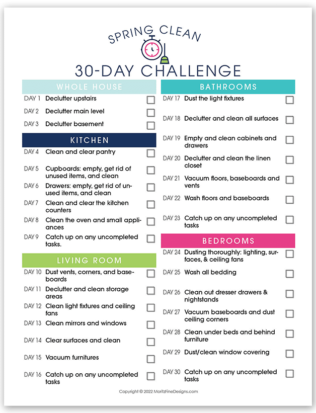 Clean out those dust bunnies and get your house in tip-top shape with this free printable 30-Day Spring Cleaning Challenge.