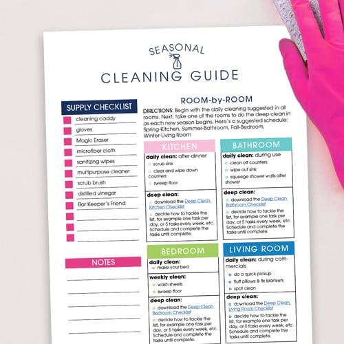 Free printable Seasonal Cleaning Guide for any season—spring, summer, fall, winter—to tackle everything from daily cleaning to a deep clean.