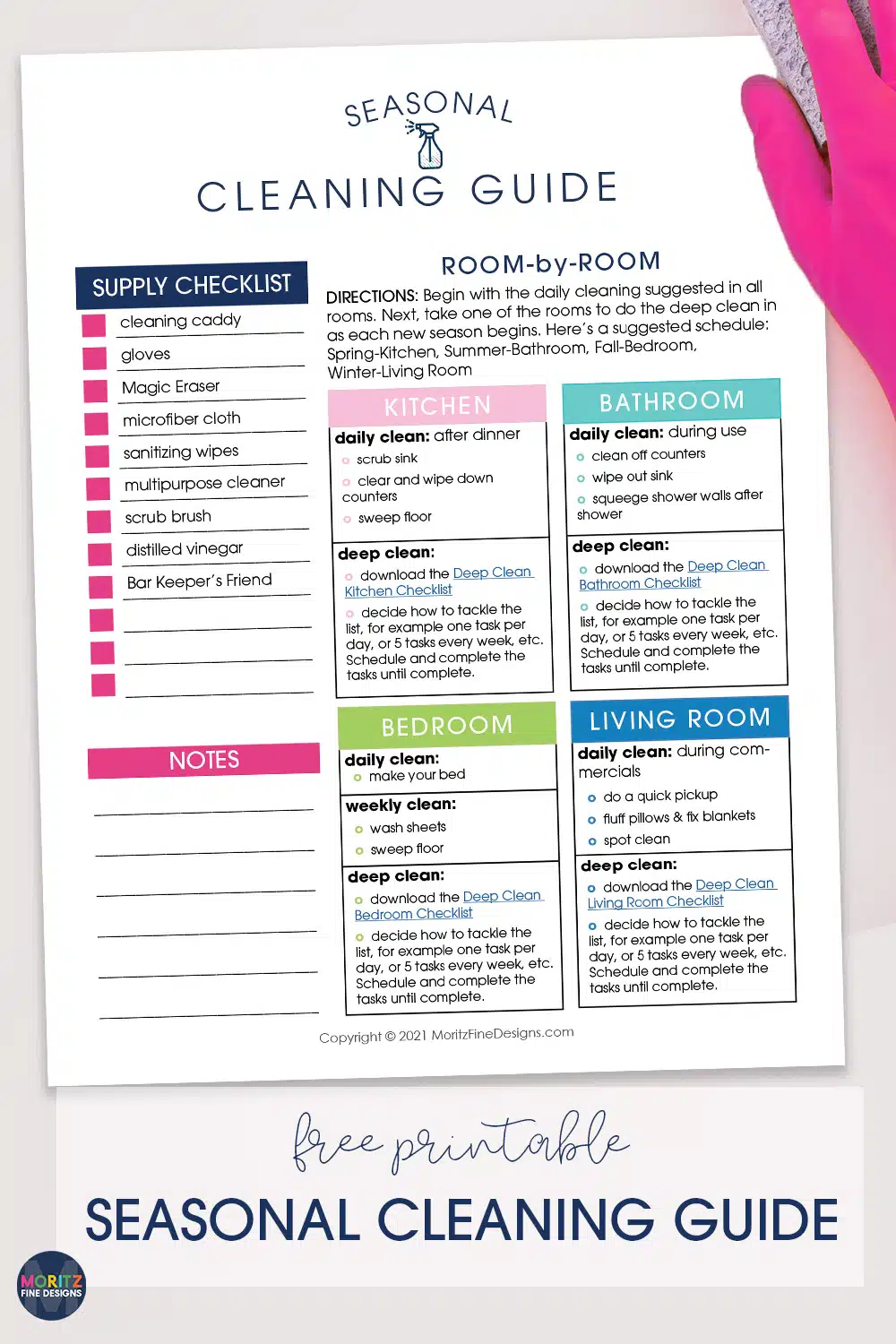 Free printable Seasonal Cleaning Guide for any season—spring, summer, fall, winter—to tackle everything from daily cleaning to a deep clean.