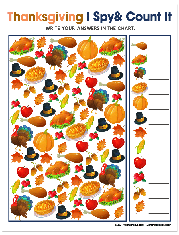 Kids will have a blast with this fun free printable Thanksgiving I Spy Activity. Perfect game for in the car, at a party or at school or home!