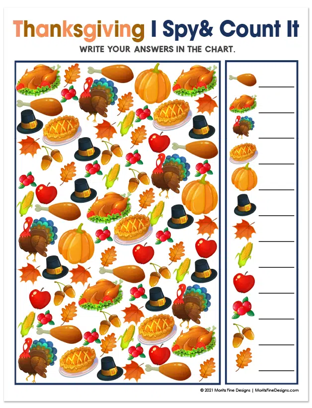 Kids will have a blast with this fun free printable Thanksgiving I Spy Activity. Perfect game for in the car, at a party or at school or home!