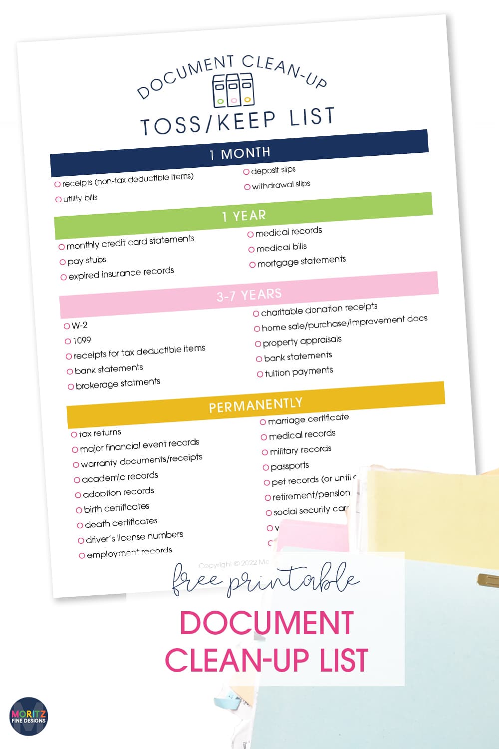 5 Simple Steps to organize your paper clutter with a free Document Clean-Up Toss & Keep List