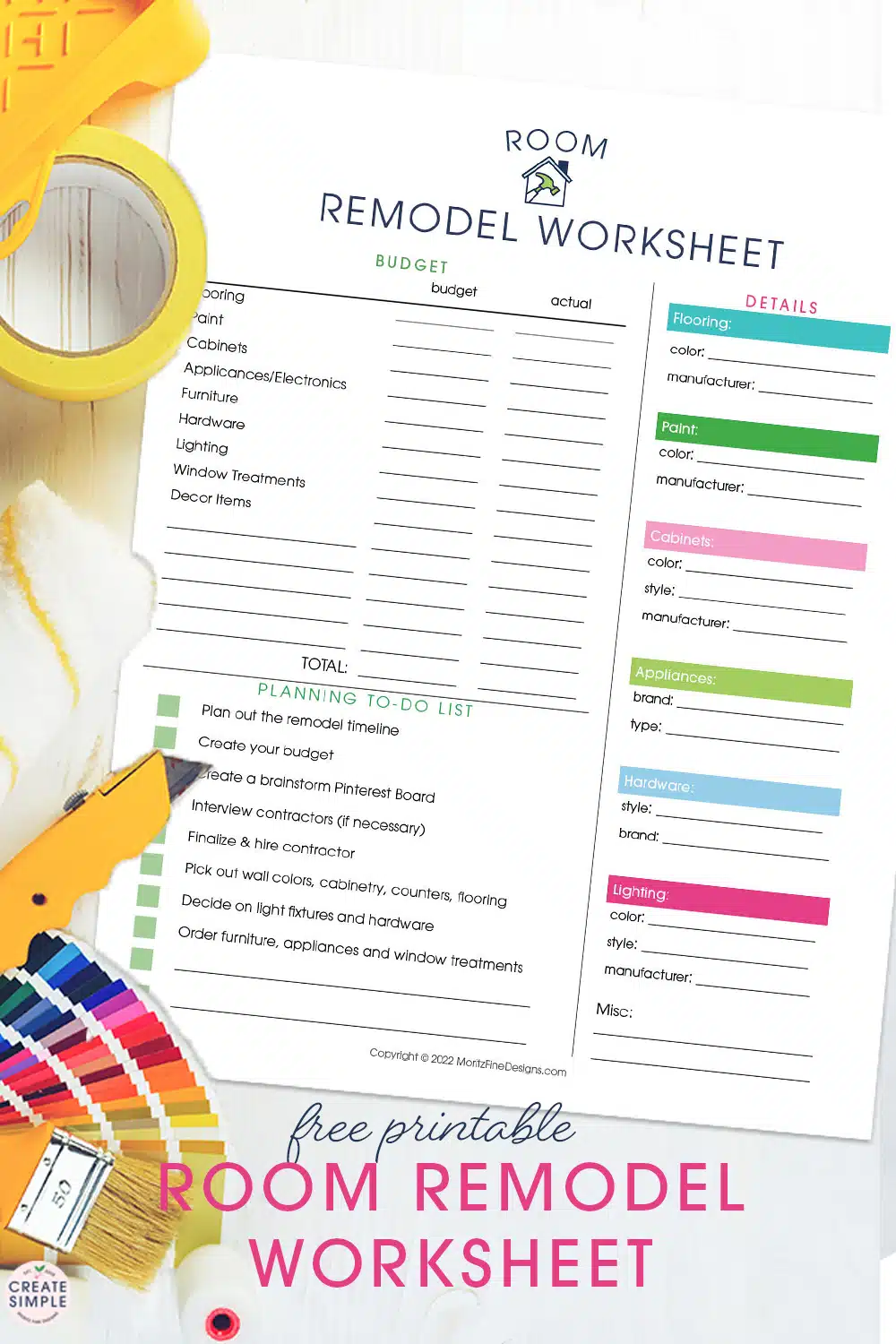 Use the free printable Room Remodel Worksheet to create a master plan for upgrading or remodeling any room in your home.