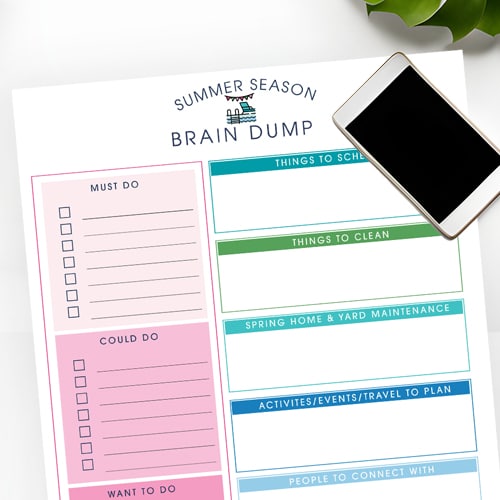 Our free printable Summer Season Brain Dump Worksheet will help you plan your adventures, set intentions, and simplify your thoughts!