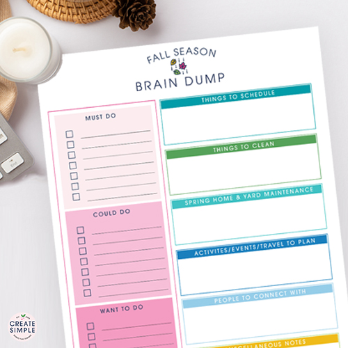 The free printable Fall Season Brain Dump Worksheet will help you plan your adventures, set intentions, and simplify your thoughts!