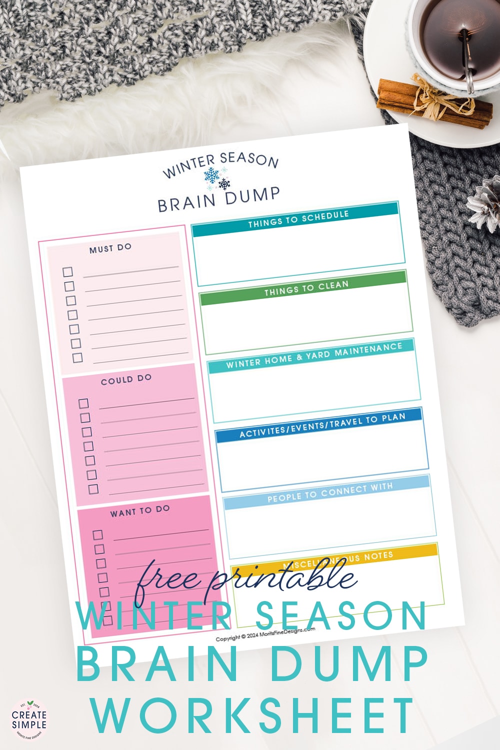 Free printable Winter Brain Dump Worksheet from Moritz Fine Designs – a cozy guide to declutter your mind for the season.